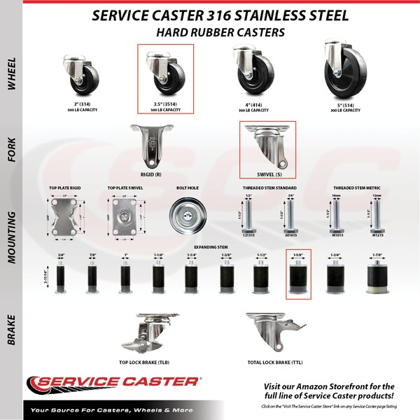 Service Caster 3.5 Inch 316SS Hard Rubber Wheel Swivel 1-5/8 Inch Expanding Stem Caster Set SCC SCC-SS316EX20S3514-HRS-158-4 - main